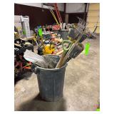 Trash Bin with Shovels, Rake, Post Hole Digger, etc