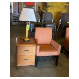 Lot - (1) Arm Chair, (1) Wooden Night Stand, (1) Lamp