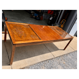 8ft. Wood Table with Ornate Carving, 2 Leaves, and Glass Inserts