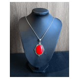 Red Coral Pendant Necklace with Chain