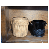 Lot - Vintage Fenton Black Glass Macaroon Cookie Jar and Antique Early 1900's Child's Friendship Picnic Basket