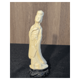 Vintage Chinese Quan Yin Bone Buddhist Statue on Wood Base