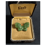 14k Yellow Gold Jade and Coral Butterfly Brooch