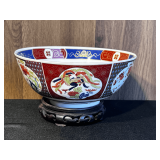 Japanese Imari 9' Hand Painted Porcelain Bowl with Wooden Stand