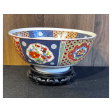 Japanese Imari 9' Hand Painted Porcelain Bowl with Wooden Stand