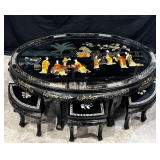 Beautiful Vintage Asian Black Lacquered Nesting Tea Table with (6) Chairs and Mother of Pearl Details