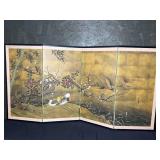 Antique Chinese Silk Lined Four Panel Screen Byobu Pheasant and Flowers