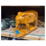 Hand Carved Wooden Elephant Sculpture on Base