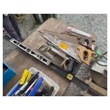 Lot - Assorted Hand Tools Including Sears Level, Handsaws, and Hacksaws