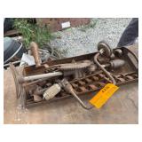 Lot - Manual Hand Crank Breast Drill and Brace Drill Set with Auger Bits in Metal Tray
