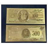 Lot - (2) 24k Gold Plated Gold Certificate Bank Notes - $100 and $500