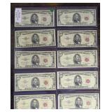 Lot - (10) United States $5 Red Seal Notes