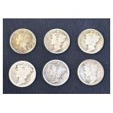 Lot - (6) Mercury Silver Dimes