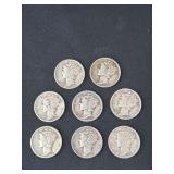 Lot - (8) 1945 Mercury Silver Dimes