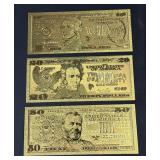 Lot - (3) 24k Gold Plated Gold Certificate Banknotes - $10, $20 and $50