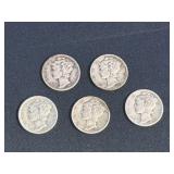 Lot (5) 1938-1939 Mercury Silver Dimes