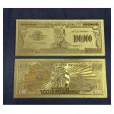 Lot - (2) 24k Gold Plated Gold Certificate Banknotes - $100,000 and $1,000,000