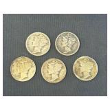 Lot - (5) 1926-1928 Mercury Silver Dimes