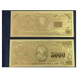 Lot - (2) 24k Gold Plated Gold Certificate Banknotes - $1000 and $5000