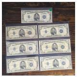 Lot - (7)  US $5 Blue Seal Silver Certificates - Series 1934