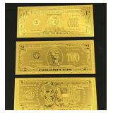 Lot - (3) 24k Gold Plated Banknotes - $1, $2, and $5
