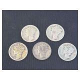 Lot - (5) 1923 and 1924 Mercury Silver Dimes