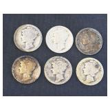 Lot - (6) Mercury Silver Dimes
