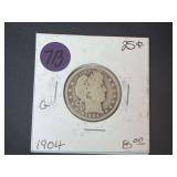 1904 Barber Silver Quarter