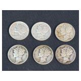 Lot - (6) 1942 Mercury Silver Dimes