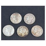 Lot - (5) 1945 Mercury Silver Dimes