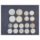 Lot - (4) Washington Silver Quarters and (14) Roosevelt Silver Dimes = Approx 2 Troy Ounces of Silver