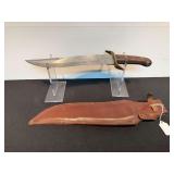 Large Bowie Knife with Wooden Handle, Brass Guard, and Leather Sheath