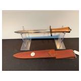 Fixed Blade Combat Knife with Wooden Handle and Leather Scabbard
