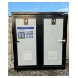 New Unused Mobile Double Toilet, 47in W x 79in L x 89in H, White with Black Trim