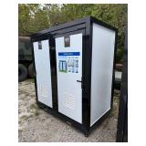 New Unused Mobile Double Toilet, 47in W x 79in L x 89in H, White with Black Trim