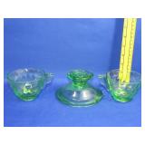 Green Depression Candle Holder & 2 Punch Cups