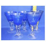 5 Blue Bubble Glass Goblets
