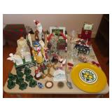 Table Lot of Christmas Decor and Glassware