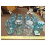 10 Blue Mason Jars & 2 Clear Mason Jars