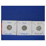 1917 & 2 - 1920 Mercury Dimes