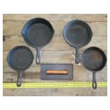 4 Cast Iron Pans & Meat Press