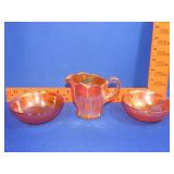 Carnival Glass Creamer & 2 Bowls