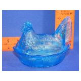 Blue Glass Hen on Nest - 5 1/2'