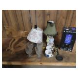 Table Lot w/ Glassware, Lamps, Rocking Horse