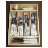 Pfaltzgraff Tea Rose Flatware w/ Wood Storage Box