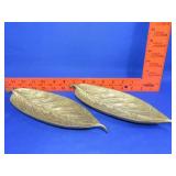 Pair of Heavy Brass Leaf Dishes