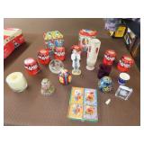 Table Lot of Glassware & Tins