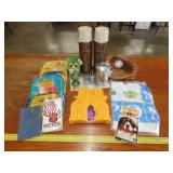 Table Lot of Toys, Thermos, Baseball Glove
