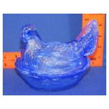 Blue Slag Glass Hen on Nest - 6"