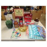 Table Lot w/ Tins, Glassware & Table Covers